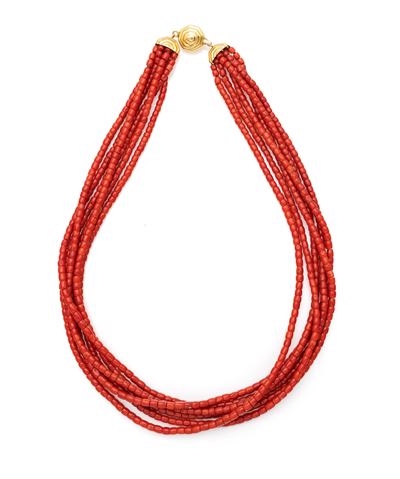 Torchon in oro giallo 750/000 e corallo, lunghezza 48 cm