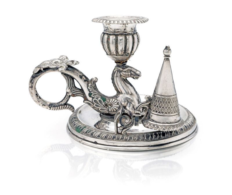 Bugia in argento con spegnimoccolo, Germania, prima metà del XIX secolo