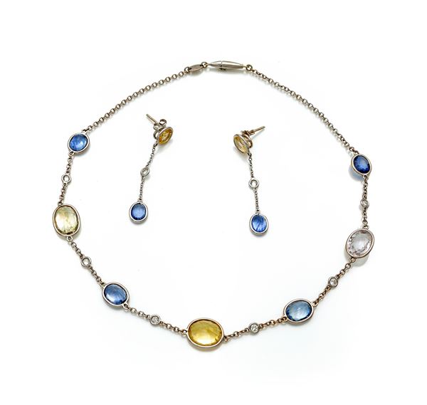 Faraone, Parure di collana e coppia di orecchini in oro, zaffiri e brillanti