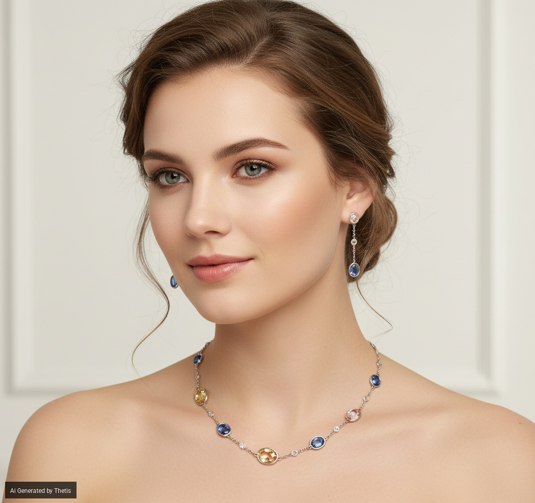 Faraone, Parure di collana e coppia di orecchini in oro, zaffiri e brillanti