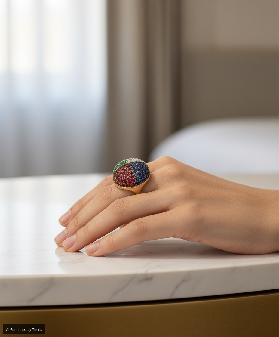 Grande anello in oro, brillanti, zaffiri, rubini e smeraldi