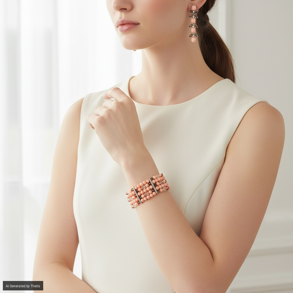 Parure in oro bianco, bracciale e orecchini con corallo rosa, quarzi e brillanti
