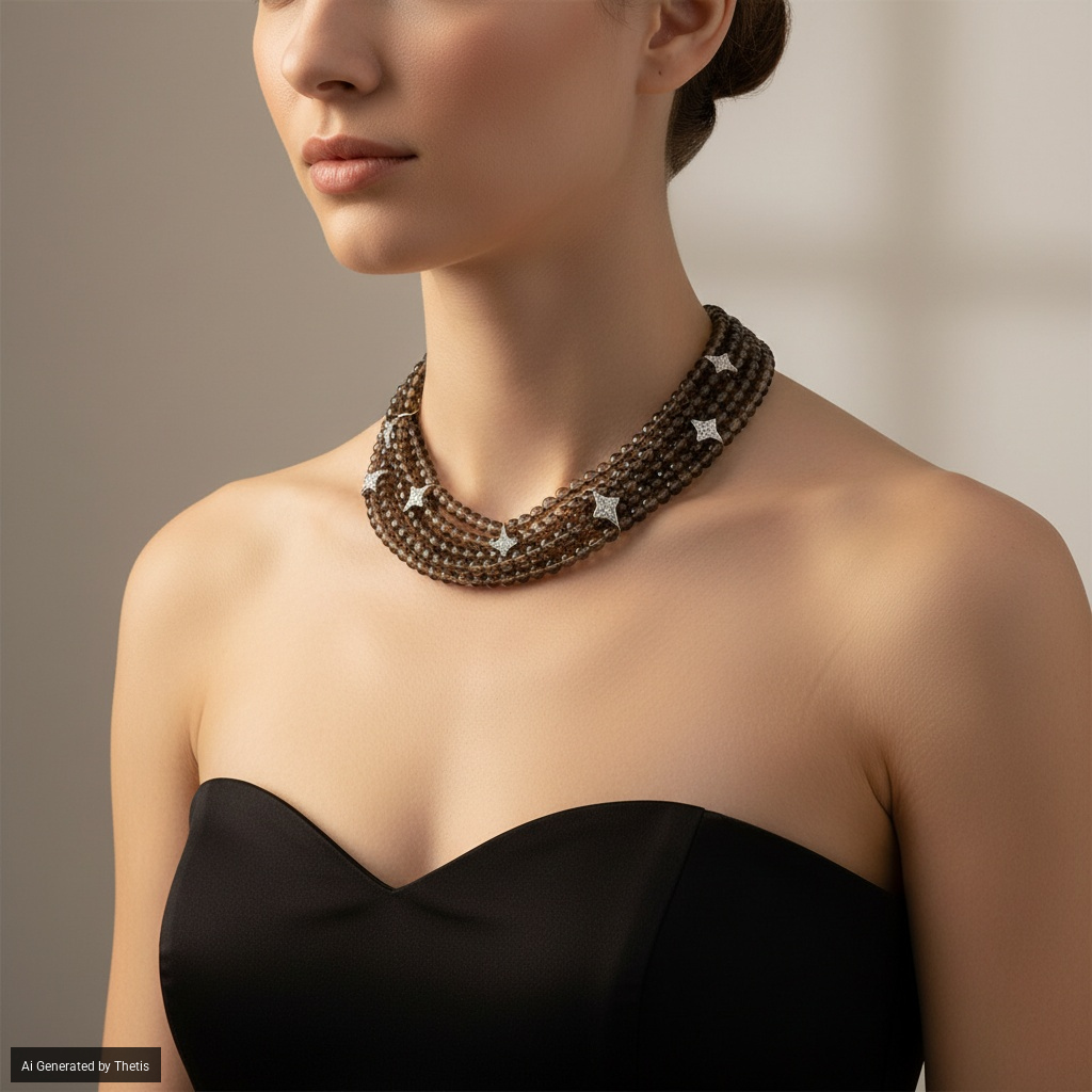 Collana in oro bianco 750/000 con brillanti e quarzi fumé