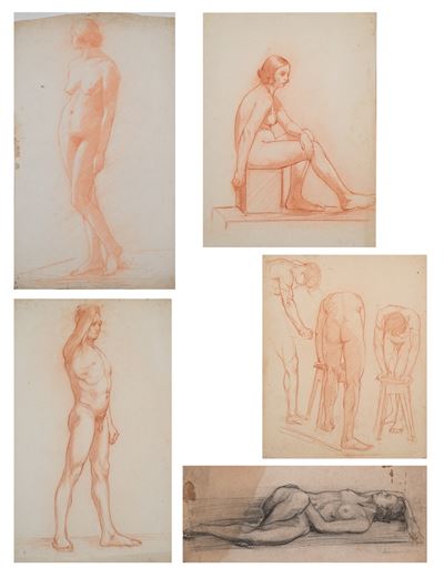 Cinque studi di nudo accademico maschili e femminili, matite su carta