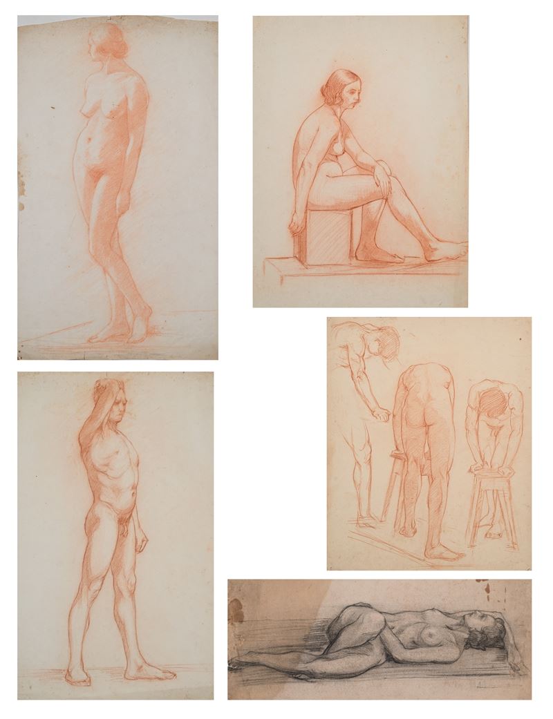Scuola Italiana del XIX Secolo - Cinque studi di nudo accademico maschili e femminili, matite su ...
