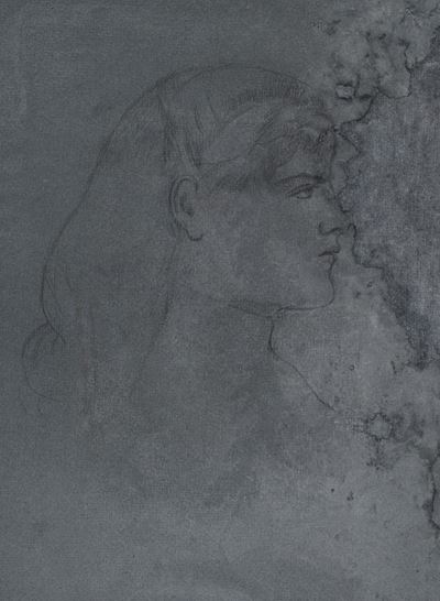 Studio di profilo di donna, matita su carta azzurra