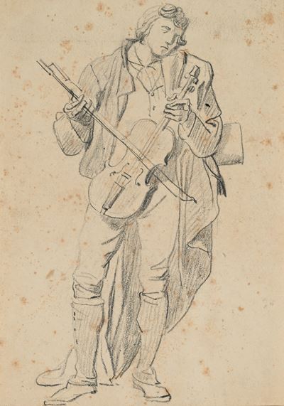 Studio di violoncellista, matita su carta