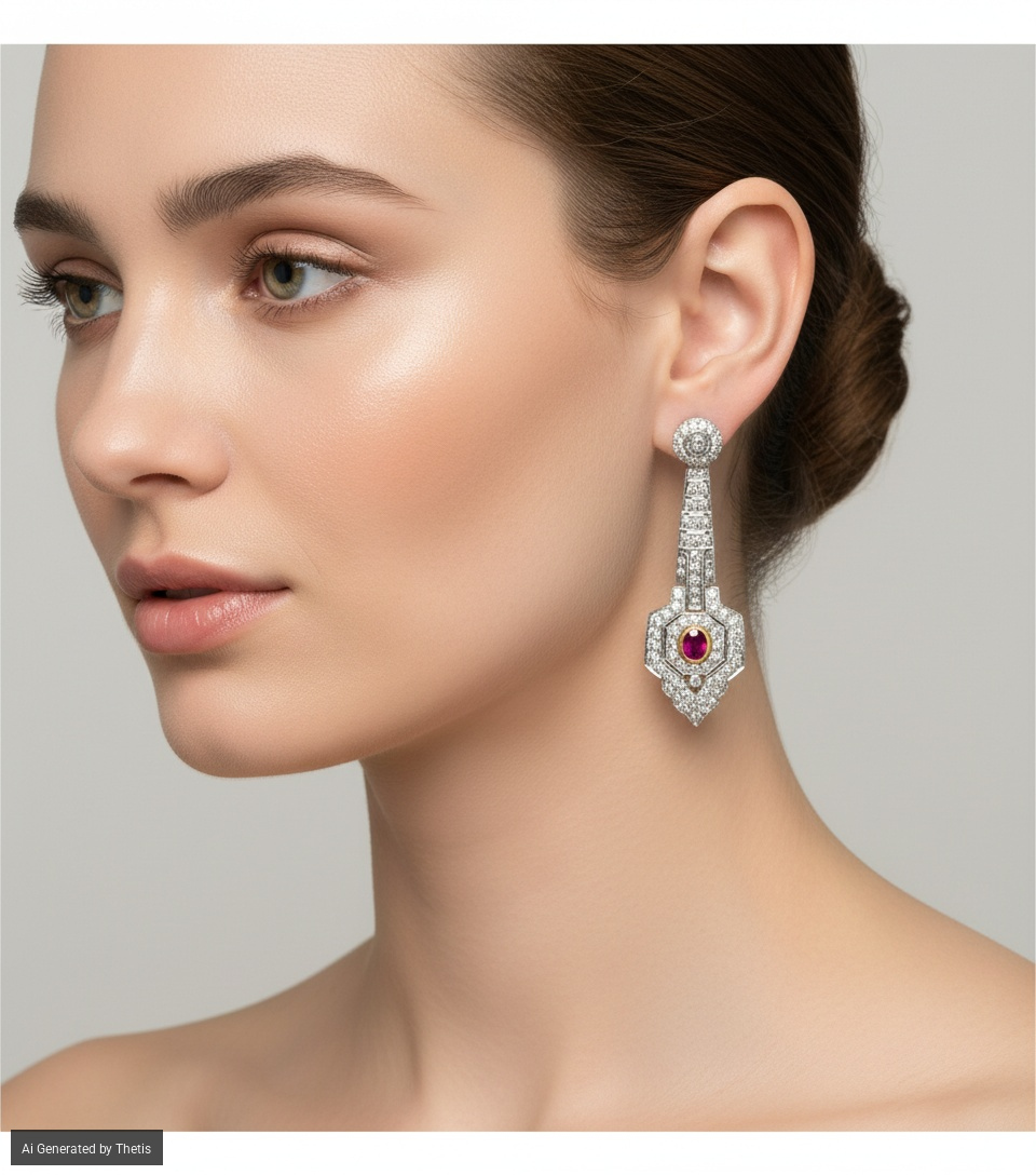 Coppia di orecchini pendenti in oro, rubini e brillanti