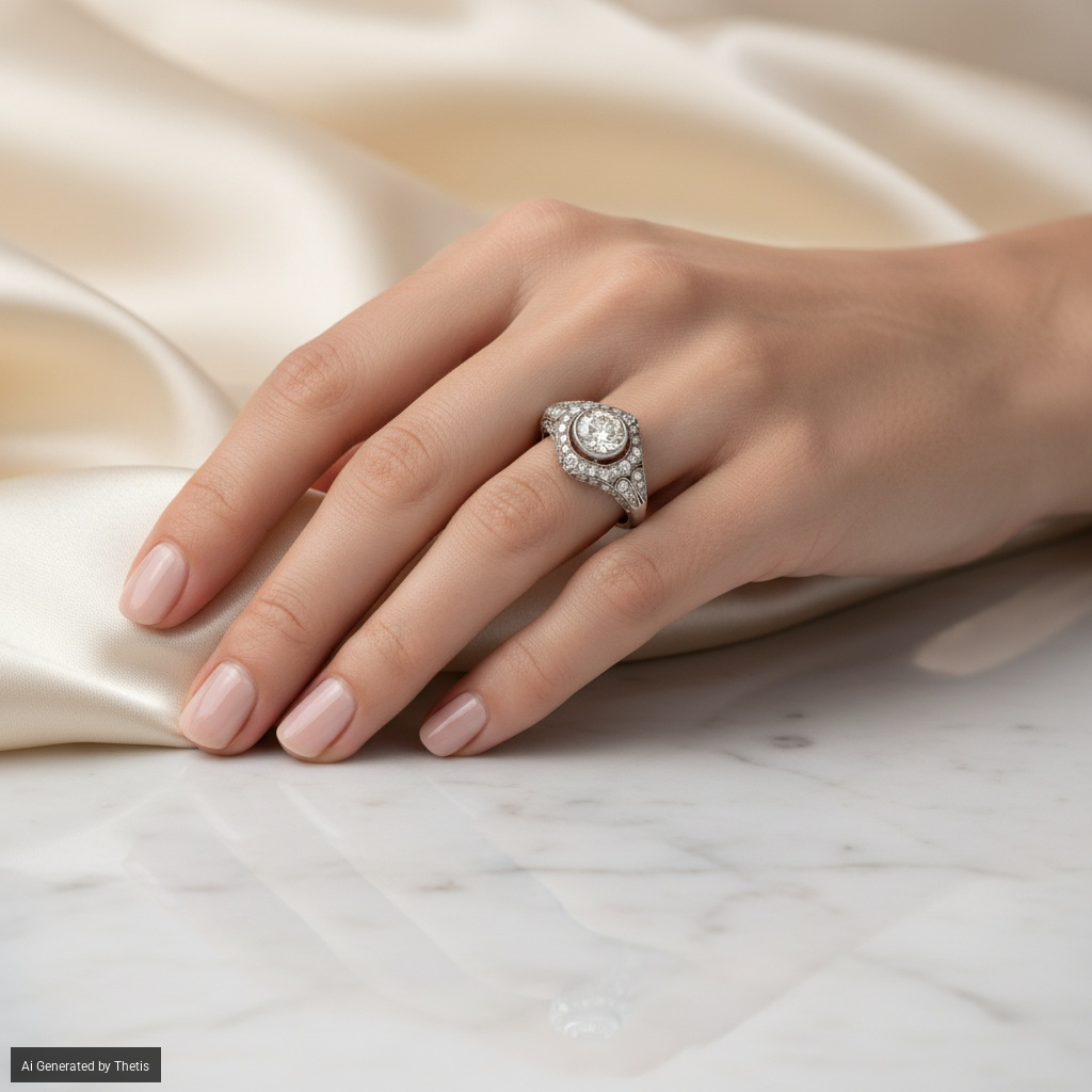 Anello decò in oro, diamante solitario centrale e diamanti