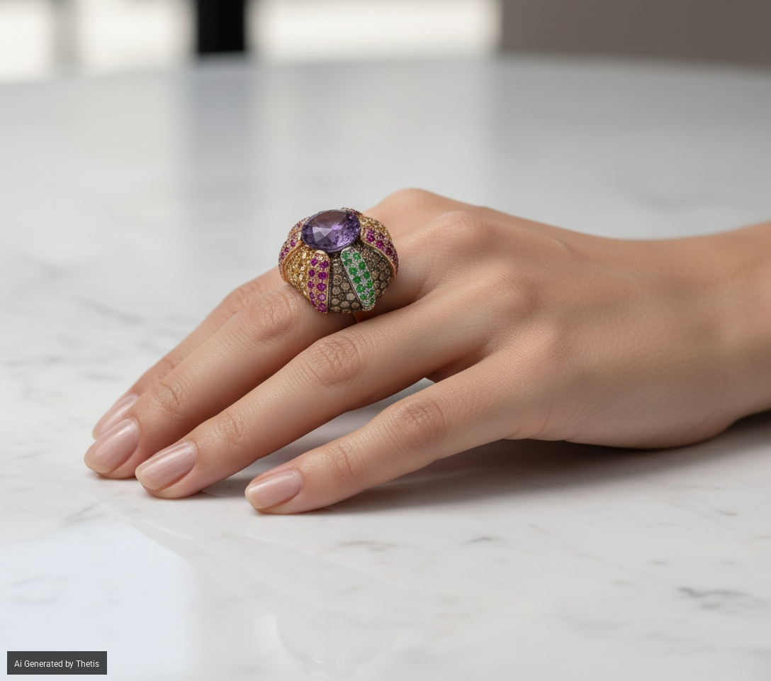 Anello a cupola in oro, diamanti fancy, rubini, smeraldi