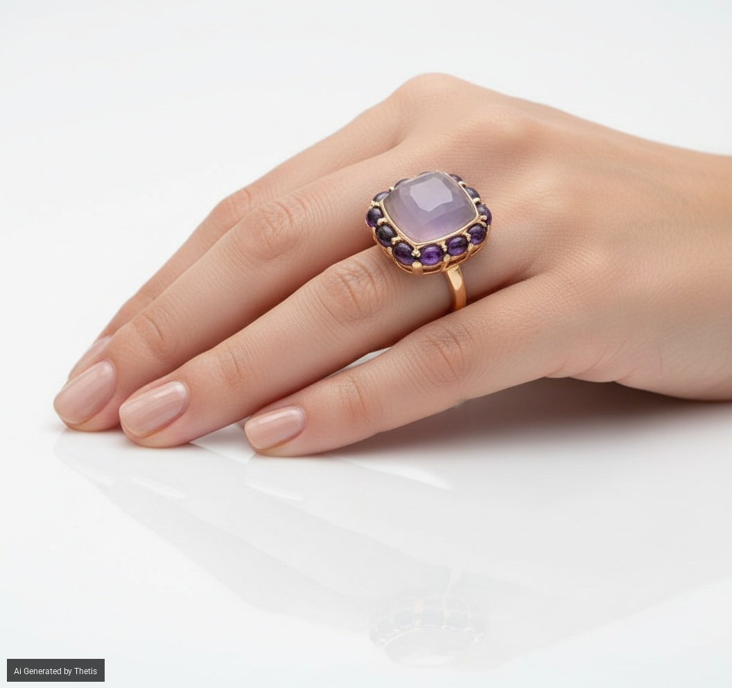 Anello in oro, calcedonio centrale e ametiste