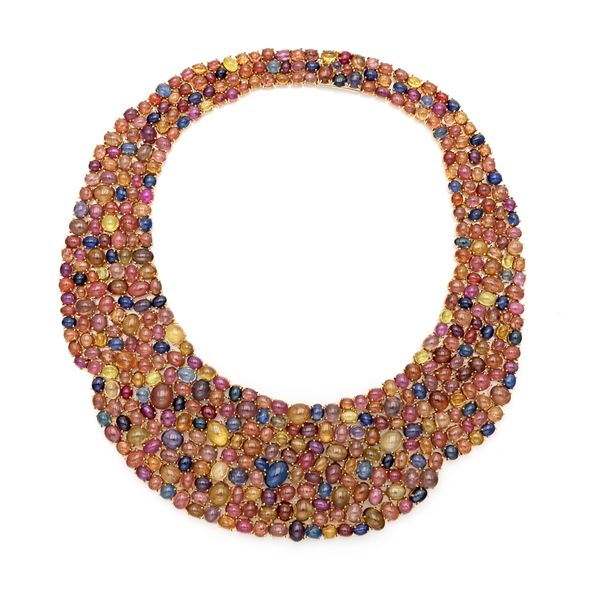 Michele della Valle, importante collana in oro, rubini, zaffiri e topazi