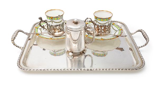 Servizio da caffè tète à tète in argento e porcellana, Inghilterra, inizi XX secolo