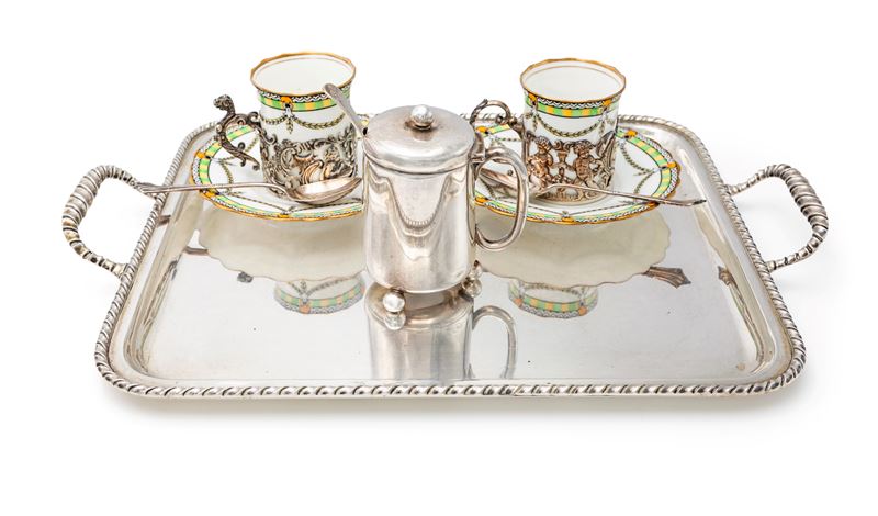 Servizio da caffè tète à tète in argento e porcellana, Inghilterra, inizio XX secolo