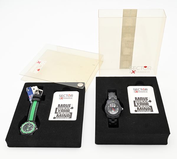 Sector Expander - 2 Orologi al quarzo da polso con datario da donna: 1) in titanio con brillantini e bracciale in titanio originale; 2) in plastica ed acciaio con cinturino in tela e fibbia in metallo originali