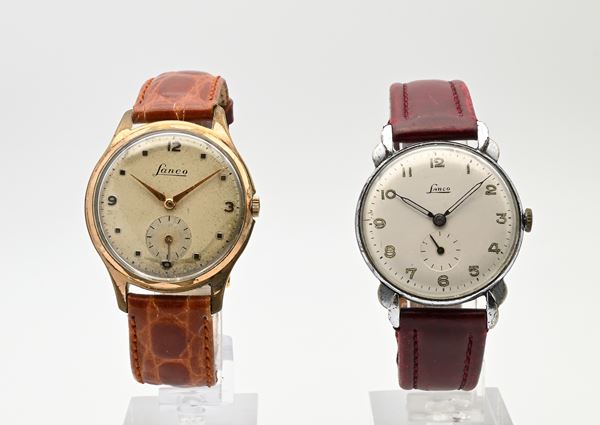 Lanco - 2 Orologi da polso a carica meccanica da uomo: Cal 1022 in metallo cromato con fondello in acciaio, 15 rubini / Cal 1305 in metallo placcato oro 5M con fondello in acciaio, 17 rubini 