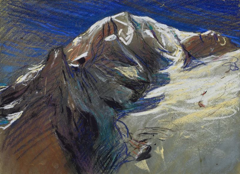 Alessandro Poma - Il ghiacciaio Brenva, pastelli su cartoncino verdastro