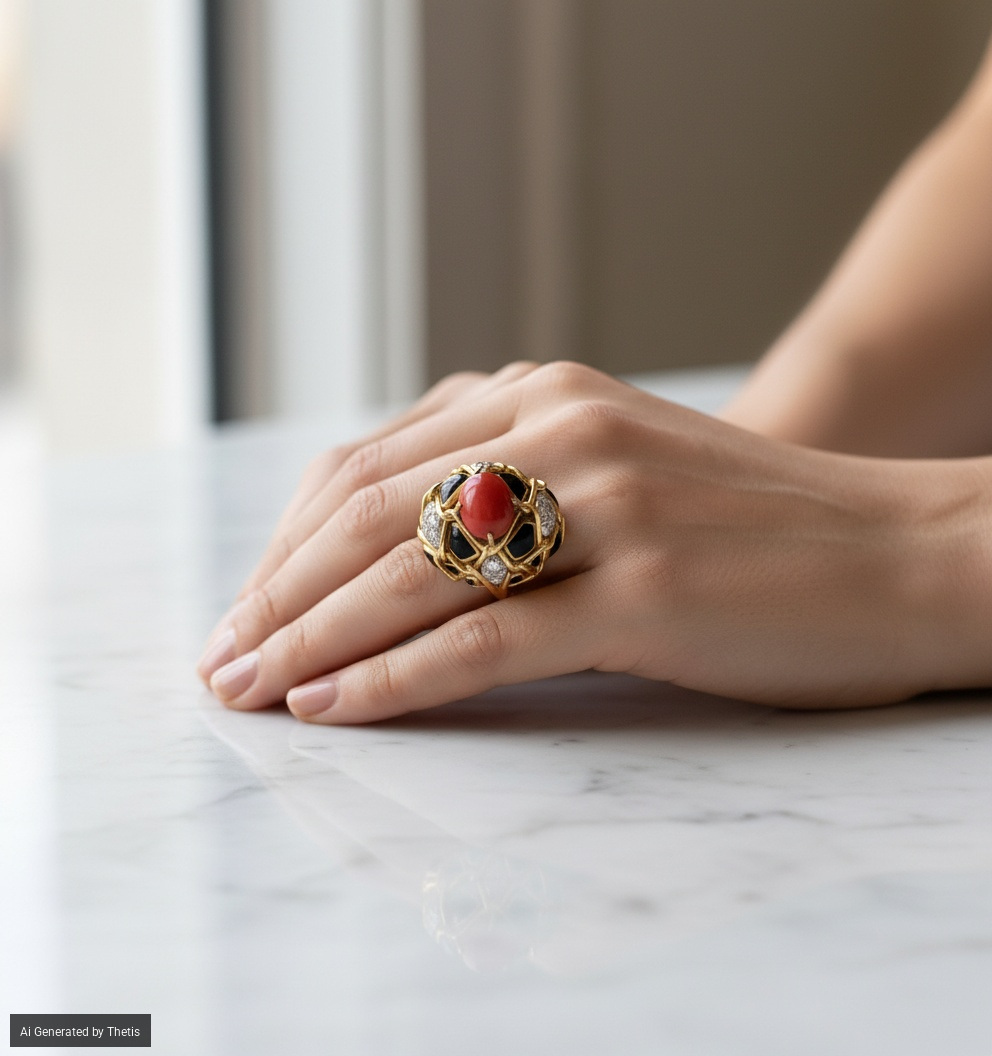 Webb, anello in oro e platino, corallo, smalto, brillanti