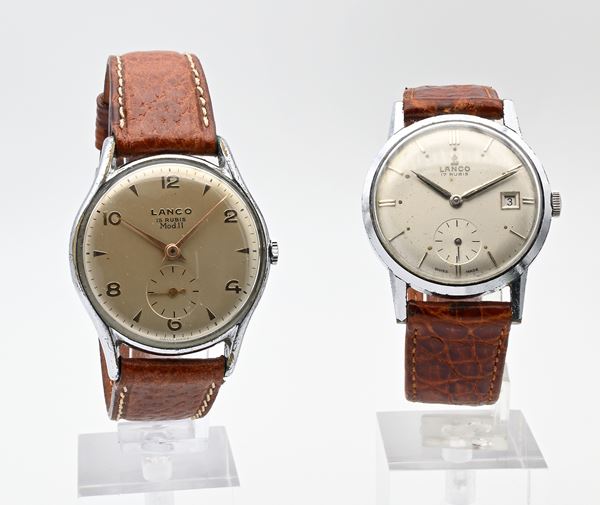 Lanco - 2 Orologi da polso a carica meccanica da uomo in metallo cromato con fondello in acciaio: Lanco 492 con datario. 17 rubini, Antimagnetic, Water and Shock Resistant; Lanco Mod. 11 15 rubini