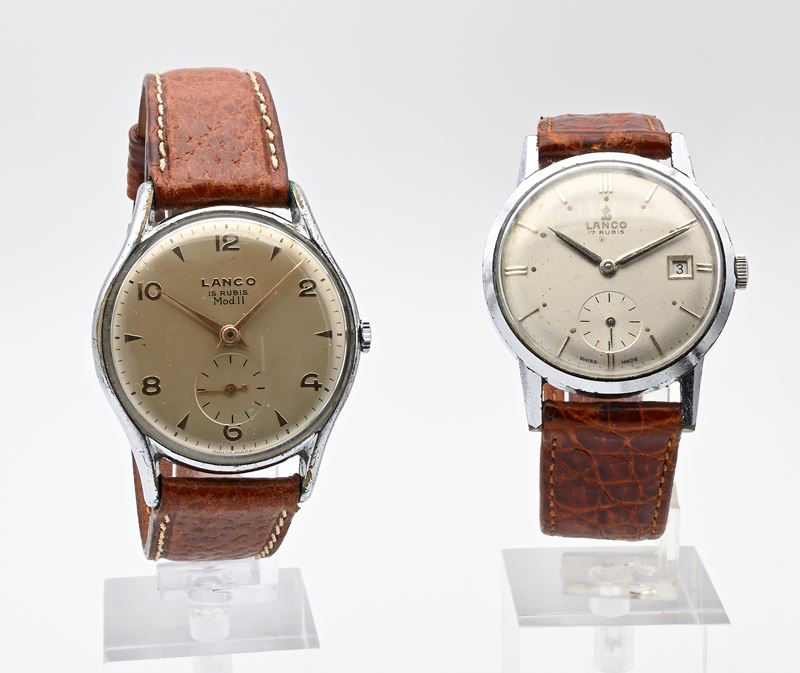 Lanco - 2 Orologi da polso a carica meccanica da uomo in metallo cromato con fondello in acciaio:...