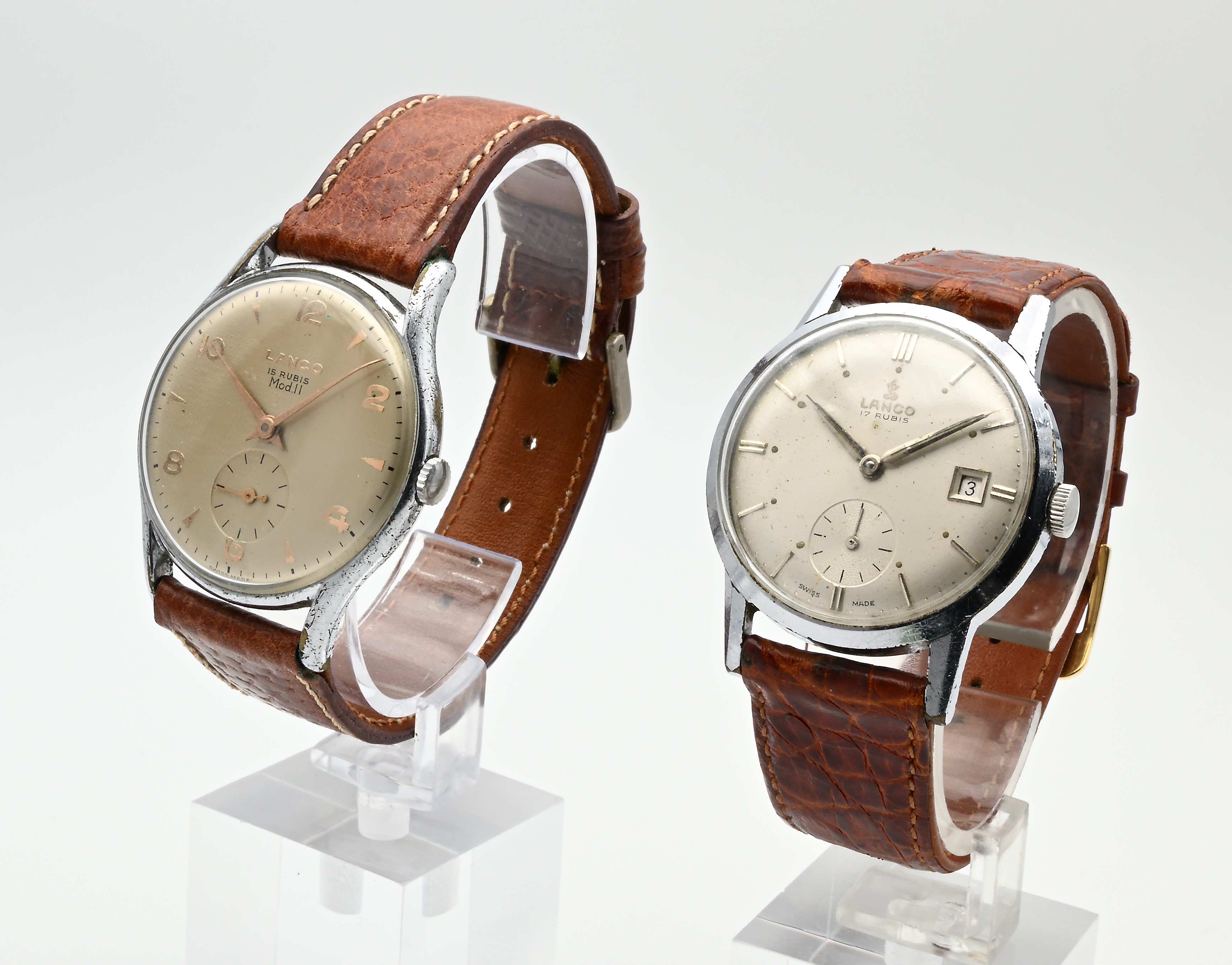 Lanco - 2 Orologi da polso a carica meccanica da uomo in metallo cromato con fondello in acciaio:...