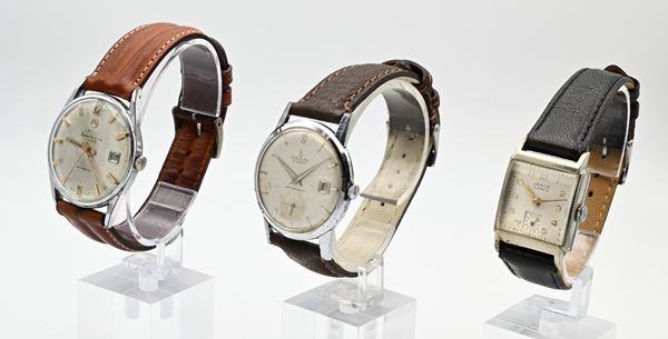 Lanco - 3 Orologi da polso a carica meccanica da uomo in metallo cromato con fondello in acciaio: Lanco 607 (Cal. 1336) con datario, 17 rubini. Antimagnetic; Lanco Super Deluxe 360 con datario, 17 rubini, Incabloc, Antimagnetic; Lanco 15 rubini di forma