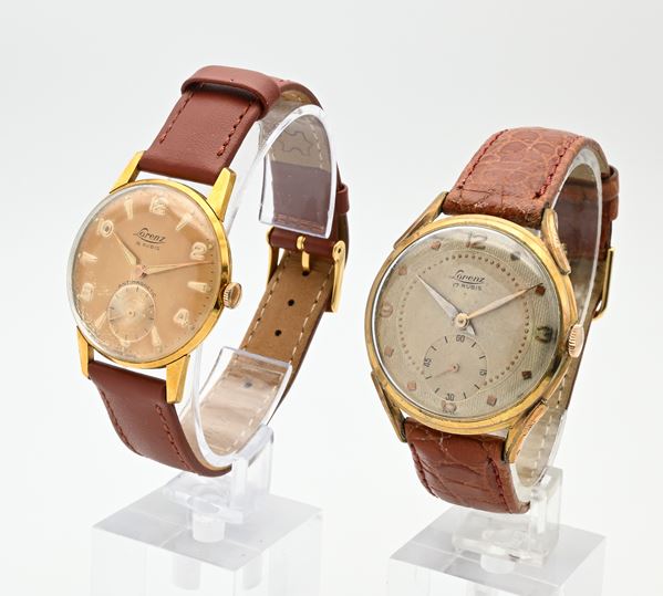 Lorenz - 2 Orologi da polso a carica meccanica da uomo in metallo placcato in oro giallo con fondello in acciaio. 15 e 17 rubini.