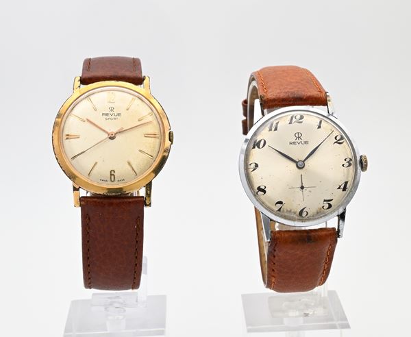 Revue - 2 Orologi da polso a carica meccanica da uomo con fondello in acciaio: Revue Sport 3501L413 in metallo placcato oro. Incabloc, Non Magnetic, Waterproof; Revue P9213B (Cal 77.1) in metallo cromato, 17 rubini (cassa con difetti alla cromatura)