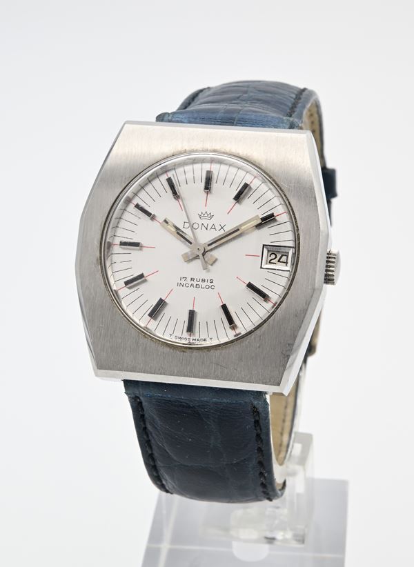 Donax 17 Rubis Incabloc 1812 - Orologio da polso a carica meccanica con datario da uomo in acciaio