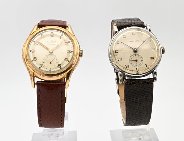 2 Orologi da polso a carica meccanica da uomo: Astrolux in metallo placcato in oro giallo con fondello in acciaio. 17 rubini. Incabloc. Antimagnetic. Waterproof. Nr.737402. Meccanismo firmato; Unver Watch in metallo cromato con fondello in acciaio. Nr.19998. 15 rubini. Meccanismo firmato