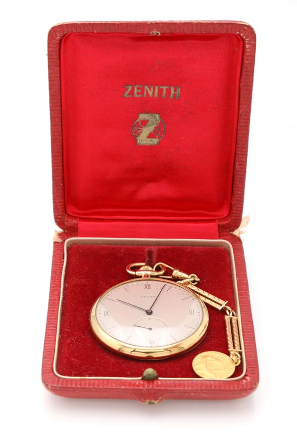 Zenith, orologio da tasca in oro con catena e custodia