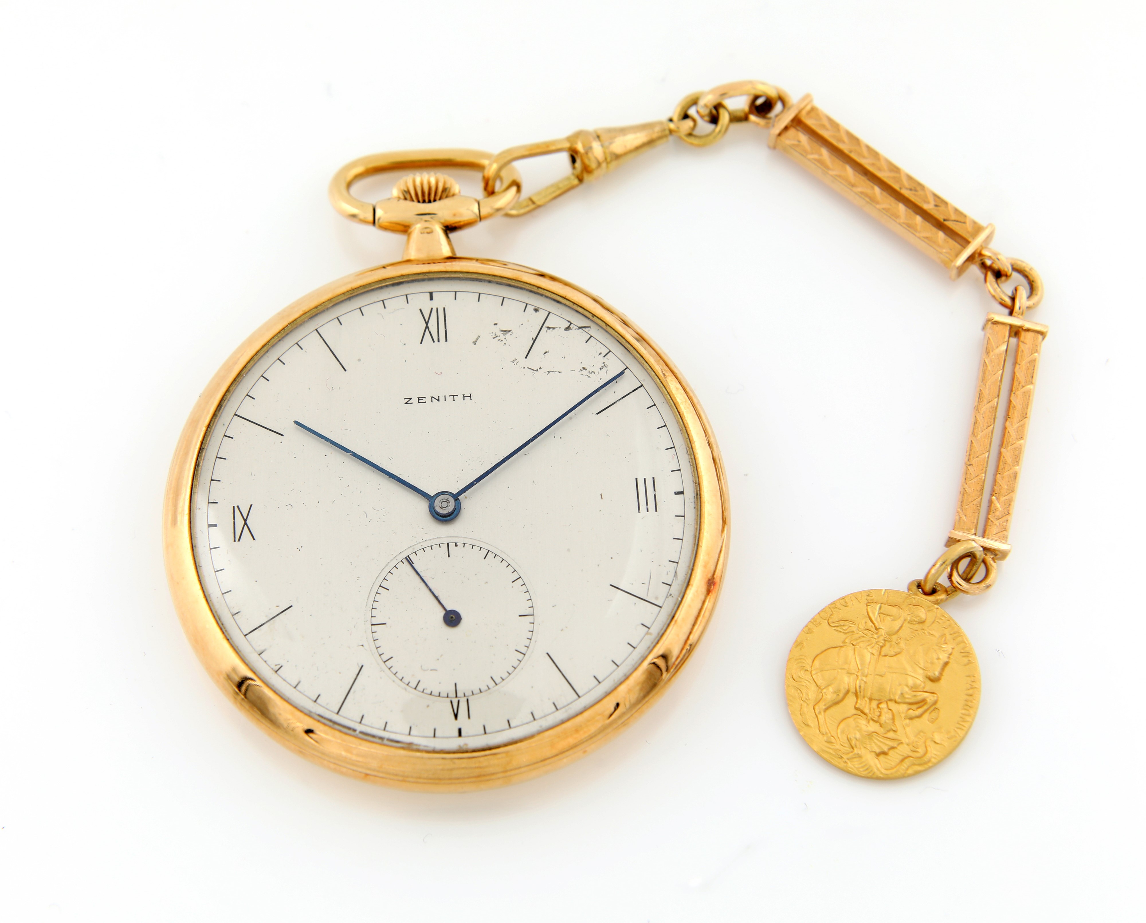 Zenith, orologio da tasca in oro giallo 750/000 con quadrante argentato, anni ’40