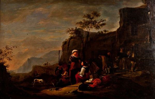 Pittore del XVIII secolo - SOSTA DI VIANDANTI