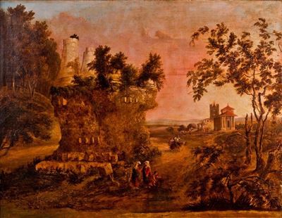 Paesaggio Campestre con Edificio in Rovina e Viandanti