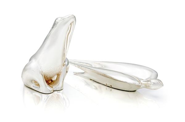 Ottaviani: Rana e rondine stilizzata in resina rivestita in argento