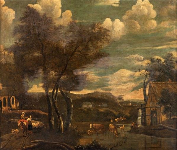 Scuola olandese. XVII-XVIII secolo - PAESAGGIO FLUVIALE CON PASTORI