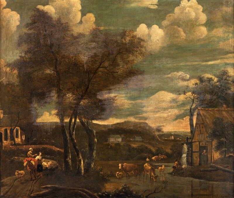 Scuola Olandese. XVII-XVIII Secolo - Paesaggio Fluviale con Pastori