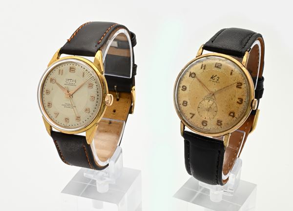 2 Orologi da polso a carica meccanica da uomo in metallo cromato placcato in oro giallo 10M con fondelli in acciaio Antimagnetic 17 rubini: K2 e Telda Incabloc Super-Protected Springflex