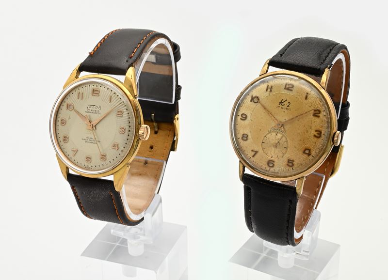 2 Orologi da Polso a Carica Meccanica da Uomo in Metallo Cromato Placcato in Oro Giallo 10m con F...