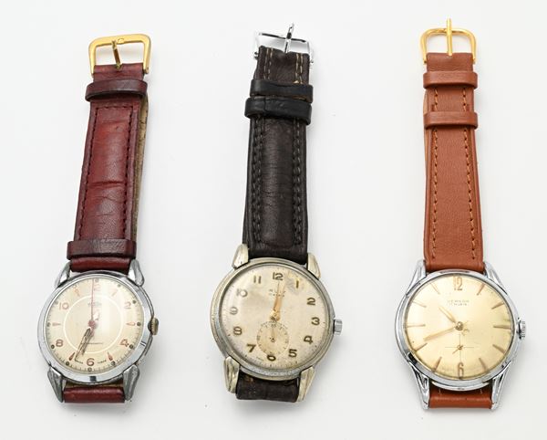 3 Orologi da polso a carica meccanica da uomo in metallo cromato con fondelli in acciaio 17 rubini: Mentor Antimagnetic; Ruit Antimagnetic; Vernon