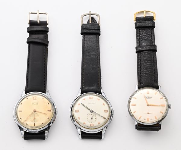 3 Orologi da polso a carica meccanica da uomo in metallo cromato con fondelli in acciaio: Rovac Antimagnetic 17 rubini; Television Antimagnetic 15 rubini; Mont Rouge 17 rubini