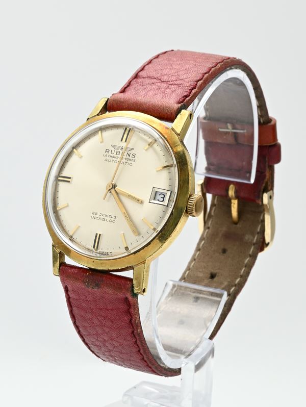 Rubens La Chau de Fonds Automatique (Cal Felsa 4007N) - Orologio da polso automatico Incabloc con datario da uomo in metallo placcato in oro giallo con fondello in acciaio