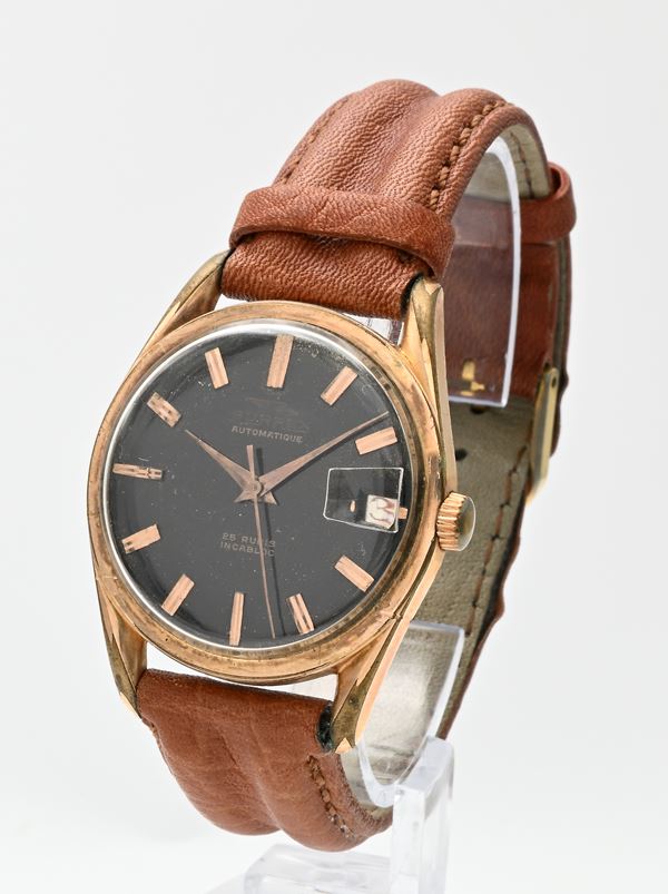 Surrex Automatique - Orologio da polso automatico Incabloc con datario da uomo in metallo placcato in oro giallo 10M con fondello in acciaio e quadrante nero