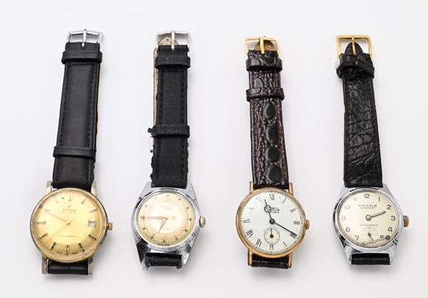 4 Orologi da polso da uomo in metallo cromato e placcato in oro giallo con fondelli in acciaio: Majex automatic 17 Jewels Antimagnetic Incabloc Waterproof; Kienzle Markant Antimagnetic Waterproof; Rowil Antimagnetic 17 rubini; Josmar Antimagnetic 17 rubini con datario a carica manuale