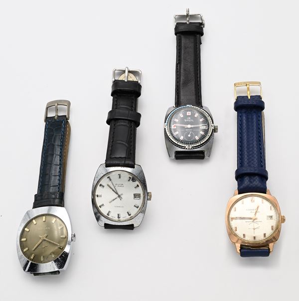 4 Orologi da polso a carica meccanica da uomo Waterproof in metallo cromato e placcato oro con fondelli in acciaio: Logan 23 De Luxe Antimagnetic; Avia 17 Jewels Incabloc con datario; Barrett Secunda Antimagnetic con datario; Breil Okay Antichoc Antimagnetic con datario