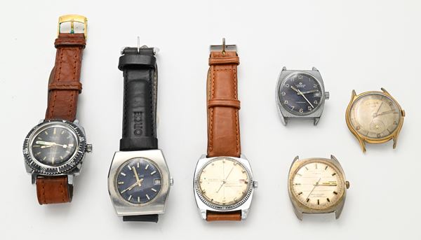 6 Orologi da polso da uomo in metallo cromato con fondello in acciaio da revisionare: Timex automatico; Lanco 1100 meccanico; Lorenz Edox meccanico; Rexo meccanico; Hellas meccanico; Chalet meccanico