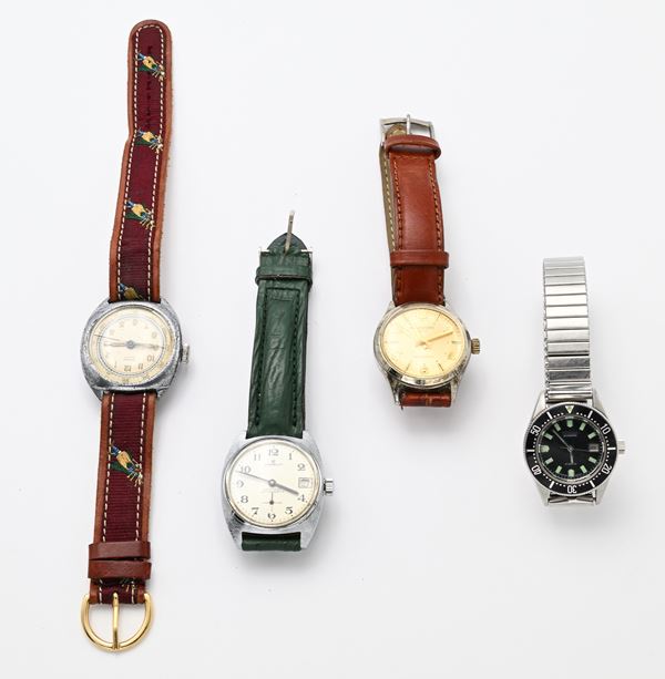 4 Orologi da polso: Citizen automatico con datario in acciaio; Agora Sport meccanico in metallo cromato; Chanell's e Balancord a carica meccanica in metallo cromato con fondello in acciaio