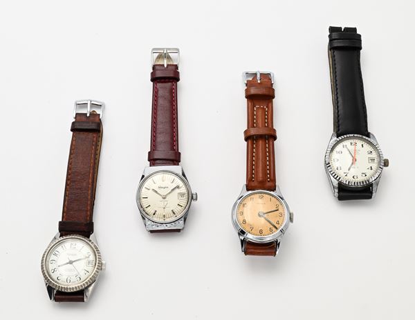 4 Orologi da polso a carica meccanica da uomo: Odien con datario in metallo cromato e fondello in acciaio; Osca in metallo cromato; Puntual con datario in acciaio; Veglia con datario in metallo cromato con fondello in acciaio