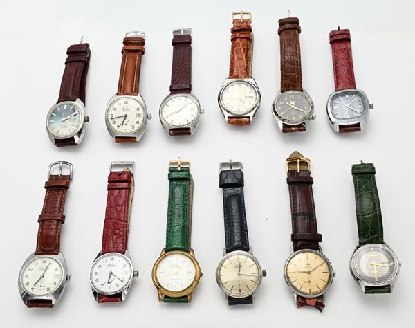 Orologi da polso a carica meccanica e automatici da uomo: 9 recanti marchio Perseo, 2 recanti Seiko e 1 recante Citizen, in metallo cromato, dorato e in acciaio