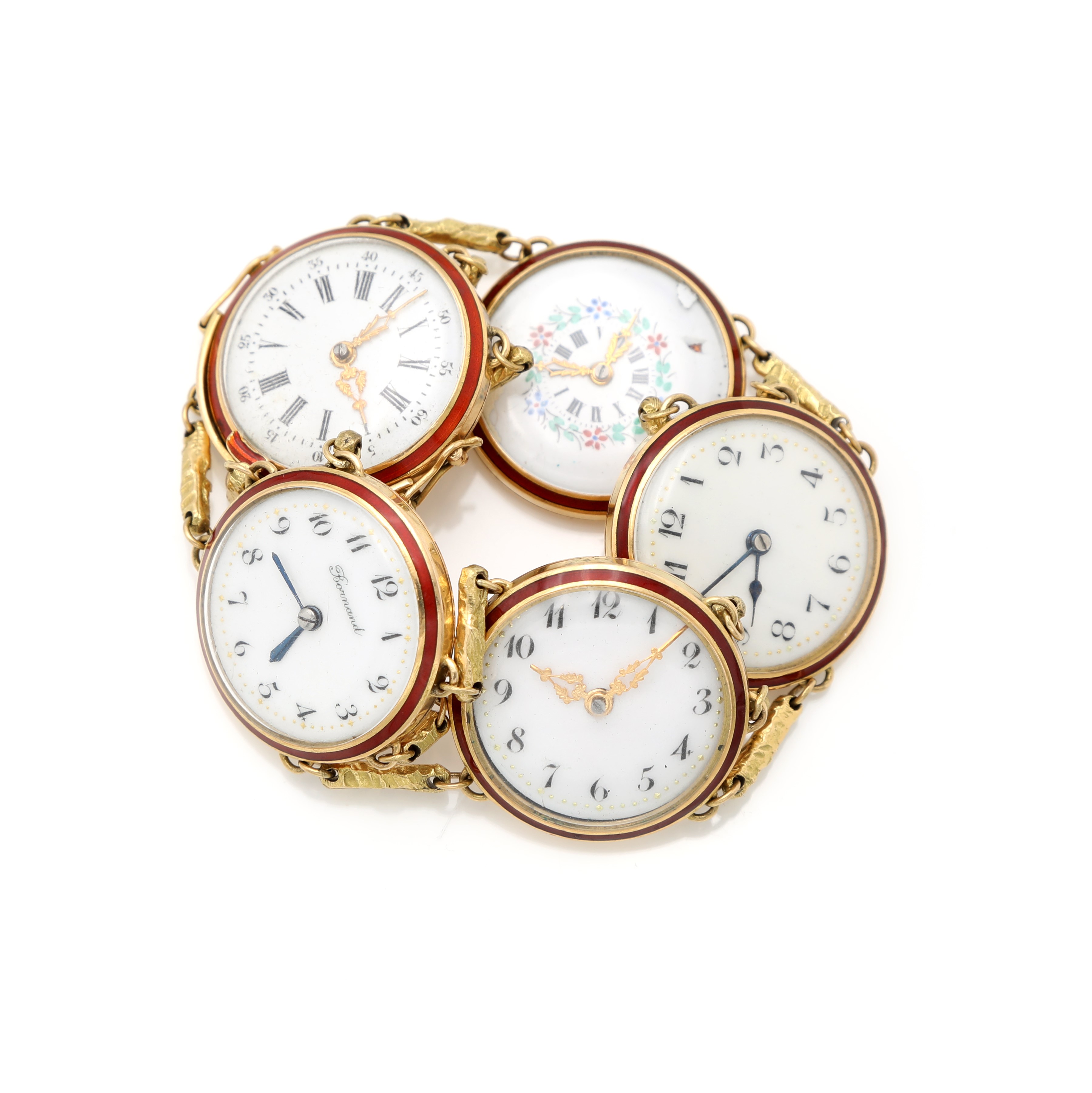 Raro bracciale in oro, smalti e 5 monachine